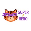 Tiger with super hero mask. Chinese zodiac animal. Symbol of the new year 2022, 2034. Vector illustration isolated on white