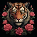 a tiger surrounded by roses on a black background Royalty Free Stock Photo
