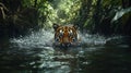 A tiger swimming gracefully in a river surrounded by dense jungle pic Royalty Free Stock Photo