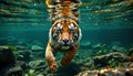 Tiger swimming underwater with intense focused expression in clear river with rocks and plants Royalty Free Stock Photo