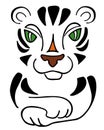 Tiger symbol of 2022 new year, cute sketch vector drawing, stripes and green eyes create silhouette. Lying tiger sign