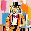 Modern De Stijl Masterpiece: Whimsical Tiger In A Top Hat