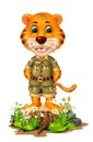 Tiger On Top Wood Tree With White Flower And Rocks Cartoon