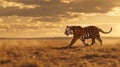 A tiger traverses the plain, its path a simple straight line across the flat landscape