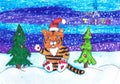 A tiger tree sits in the snow near a decorated Christmas tree. 2022. Children`s drawing. Russian text - tiger year