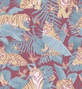 Tiger in tropical forestjungle with butterfly, orchid flowers and palm leaves. Seamless pattern with vintage color. Vector Royalty Free Stock Photo