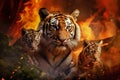 A tiger and two cubs stand in front of a raging fire as they flee the forest blaze