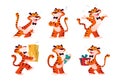 Vector collection of happy tiger character smile and greeting, deliver packages, drink coffee, carry gift box isolated. Royalty Free Stock Photo