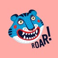 Tiger vector head in blue, cartoon tiger funny face and roar text. Organic flat style vector illustration Royalty Free Stock Photo