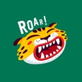 Tiger vector head, cartoon tiger funny face and roar text. Organic flat style vector illustration Royalty Free Stock Photo