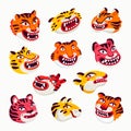 Tiger vector heads set, cartoon tiger funny faces on white background. Organic flat style vector illustration.. Royalty Free Stock Photo