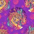 Tiger walk in fire and smoke wind design tattoo seamless pattern