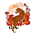 Tiger walk with flower and cloud to the sun design with Japanese or Chinese oriental style