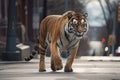 Tiger is walking down a city street. Generative AI.