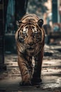 Tiger is walking down a city street. Generative AI