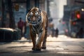 Tiger is walking down a city street. Generative AI