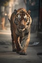 Tiger is walking down a city street. Generative AI