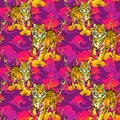 Tiger walking on fire and cloud illustration Japanese or Chinese oriental with purple pink tone seamless pattern background