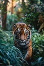 A tiger walking through the jungle in the woods. Generative AI Royalty Free Stock Photo