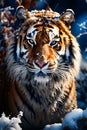 Tiger is walking through the snow covered ground in the woods. Generative AI Royalty Free Stock Photo