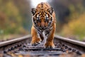 A small tiger walking across a train track Royalty Free Stock Photo