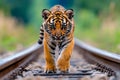 A small tiger walking on a train track Royalty Free Stock Photo