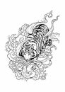 Tiger walks on a cloud with smoke flare around it like walking in heaven. A doodle drawing design for Oriental Japanese or tattoo