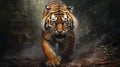 Aggressive Tiger: Intense Digital Illustration Of A Forest Wanderer