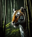 The tiger watches its prey from the edge of the bamboo forest.