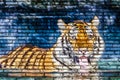 Tiger in water painting on brick wall