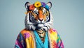 Tiger wearing hippy clothes: The idea of the humanization of animals Royalty Free Stock Photo