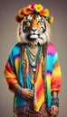 Tiger wearing hippy clothes: The idea of the humanization of animals Royalty Free Stock Photo