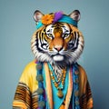 Tiger wearing hippy clothes: The idea of the humanization of animals Royalty Free Stock Photo