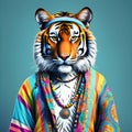 Tiger wearing hippy clothes: The idea of the humanization of animals Royalty Free Stock Photo