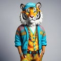 Tiger wearing hippy clothes: The idea of the humanization of animals Royalty Free Stock Photo