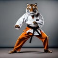 A tiger wearing a karate gi, striking a martial arts pose1