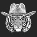 Tiger Wild west. Traditional american cowboy hat. Texas rodeo. Print for children, kids t-shirt. Image for emblem, badge Royalty Free Stock Photo