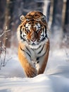 Tiger in wild winter nature. Amur tiger running in the snow