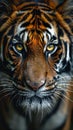 A tiger with yellow eyes staring at the camera in a dark room, AI Royalty Free Stock Photo