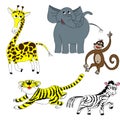 Tiger,zoo animals set, giraffe, chimpanzee, elephant, zebra vector art, child`s drawings, doodle style, cute animals set, crayon,