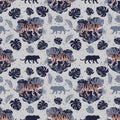 Tigers on a background of tropical leaves. Seamless pattern Royalty Free Stock Photo