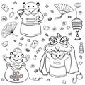 Tigers Chinese New Year, Large Coloring Book with Wish, Paper Lantern, Lion Costume for Dancing Vector Cartoon Illustration