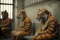 Tigers dressed as prisoners sit in prison, created with Generative AI technology