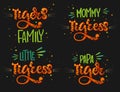 Tigers Family set color hand draw calligraphy script lettering text whith dots, splashes and whiskers decore Royalty Free Stock Photo
