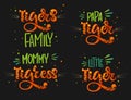 Tigers Family set color hand draw calligraphy script lettering text whith dots, splashes and whiskers decore Royalty Free Stock Photo