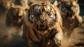 Tigers in wild nature, running on camera. Action wildlife scene with dangerous animal. Panthera tigris altaica