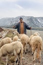 Berber shepherd with his flock in remote High Atlas mountain Royalty Free Stock Photo
