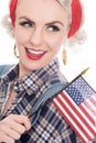 Tight close shot of excited retro woman celebrating 4th July wit