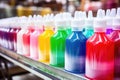 tight focus on colorful shampoo bottles on the production line