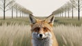 A tight shot of a fox's face amidst a sea of tall grasses Background consists of trees.